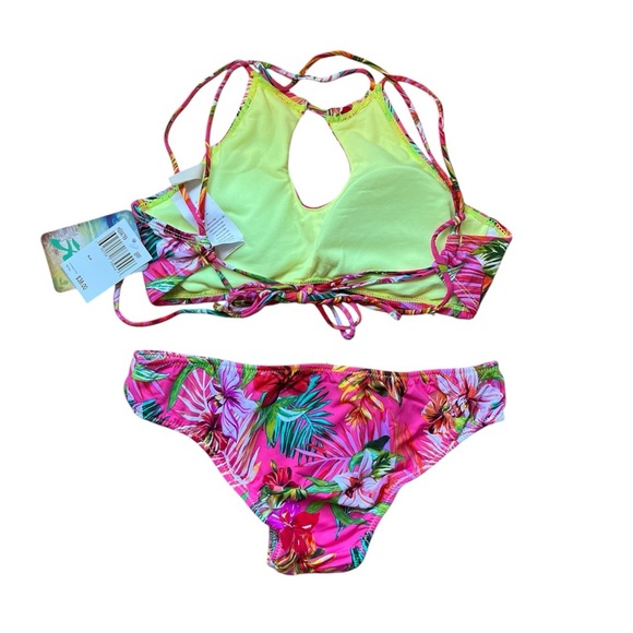 NEW Hobie Women's Two Piece Bikini Set Medium Pink Tropical Keyhole Neckline - Picture 2 of 4